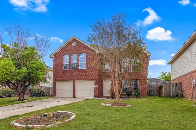 front facade with a garage and a front lawn