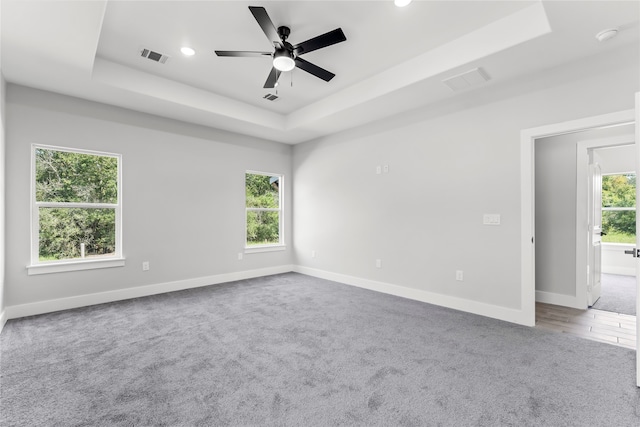 unfurnished room featuring a raised ceiling, ceiling fan, and a healthy amount of sunlight