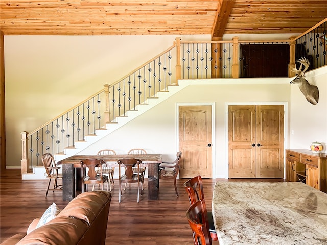 dining area with wood ceiling and dark wood-type flooring