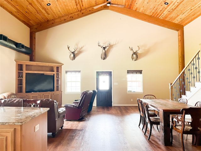 dining space with ceiling fan, wooden ceiling, hardwood / wood-style floors, high vaulted ceiling, and beamed ceiling