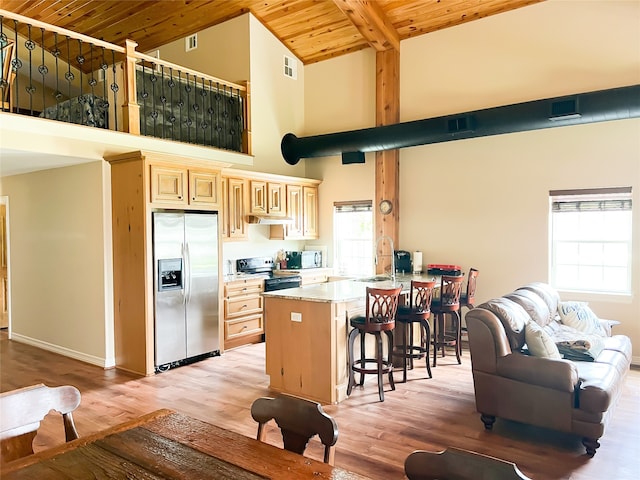 kitchen with a wealth of natural light, stainless steel appliances, light wood-type flooring, and wood ceiling