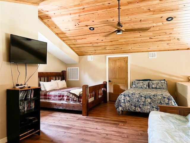 bedroom with wooden ceiling, hardwood / wood-style flooring, and vaulted ceiling