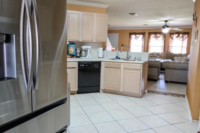 kitchen featuring dishwasher, sink, stainless steel refrigerator with ice dispenser, light tile patterned floors, and ornamental molding