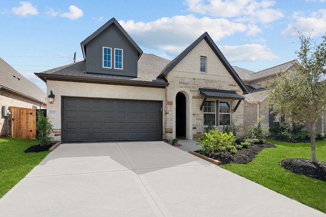 view of front of home with a garage and a front lawn