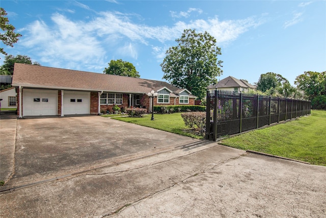 single story home featuring a garage and a front lawn