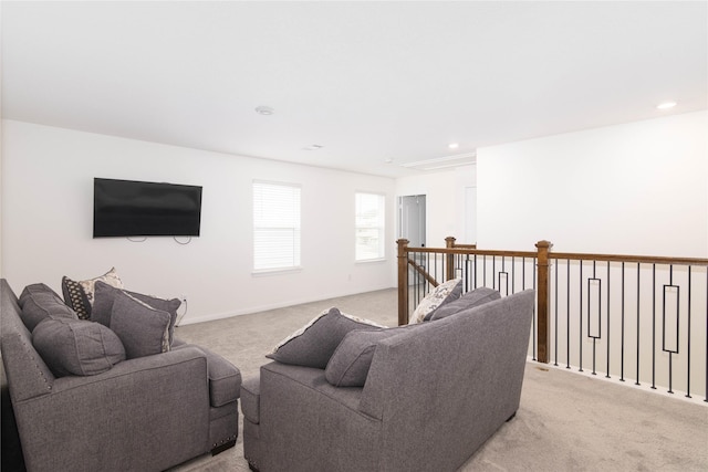 living room with light colored carpet