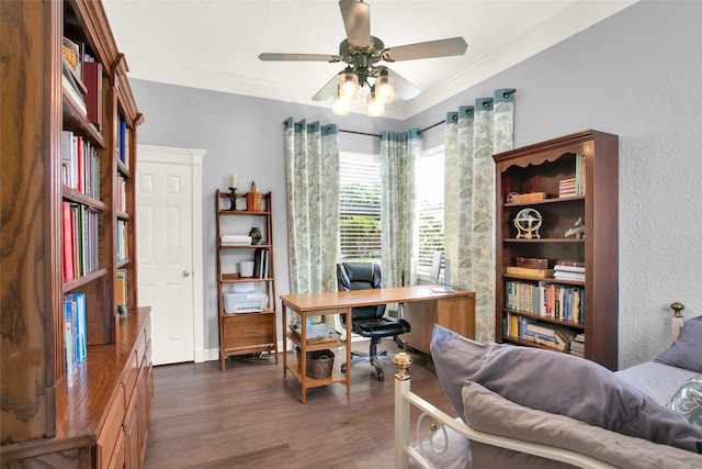 office area featuring ceiling fan, dark wood-type flooring, and ornamental molding