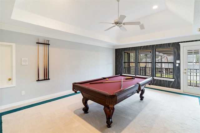 recreation room with carpet floors, a raised ceiling, ceiling fan, and pool table