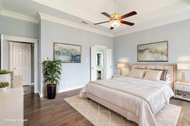 bedroom with ceiling fan, ensuite bathroom, dark hardwood / wood-style floors, and ornamental molding