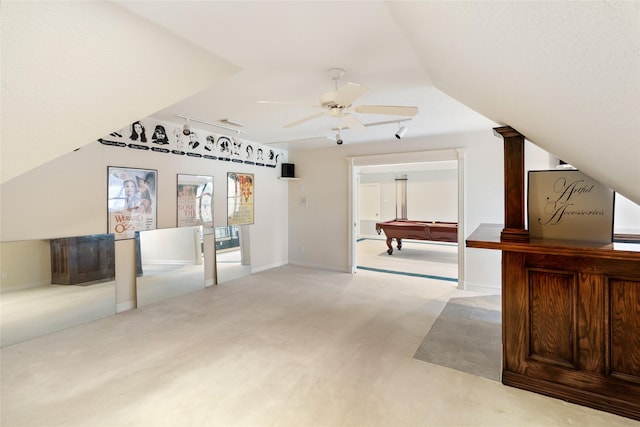 bonus room with ceiling fan, light colored carpet, vaulted ceiling, and billiards