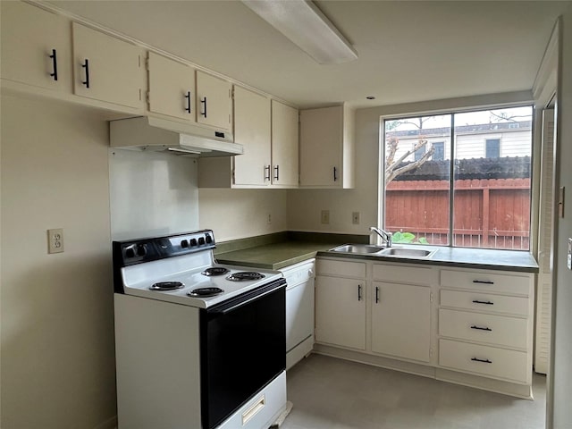 kitchen featuring white cabinetry, sink, and white appliances