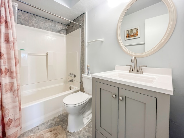 full bathroom with shower / bath combination with curtain, a textured ceiling, tile floors, toilet, and vanity