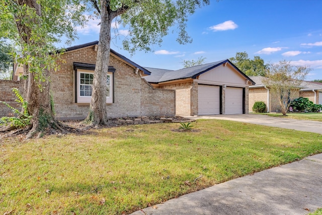 ranch-style house with a front yard and a garage