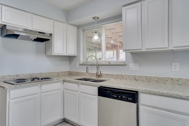 kitchen featuring sink, white gas cooktop, pendant lighting, stainless steel dishwasher, and white cabinets