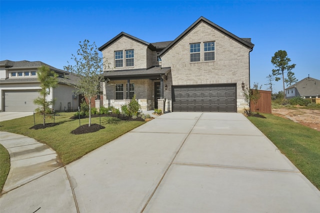 view of front of home with a front yard and a garage