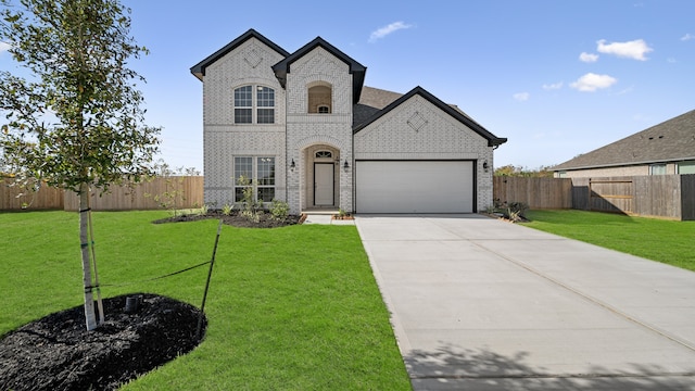 french country inspired facade with a garage and a front yard