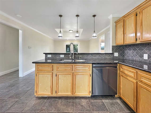 kitchen with kitchen peninsula, dishwasher, sink, and hanging light fixtures