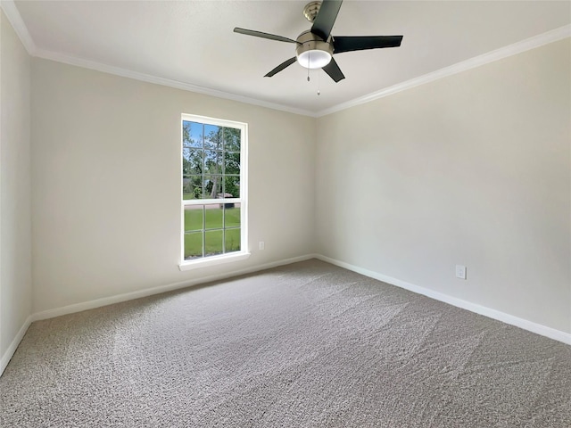 spare room featuring ornamental molding, carpet flooring, and ceiling fan