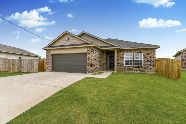 ranch-style house featuring a garage and a front lawn