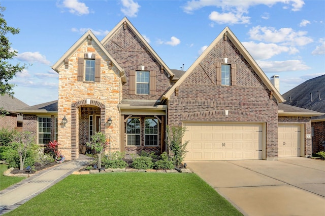 view of front of home featuring brick siding, an attached garage, a front yard, stone siding, and driveway