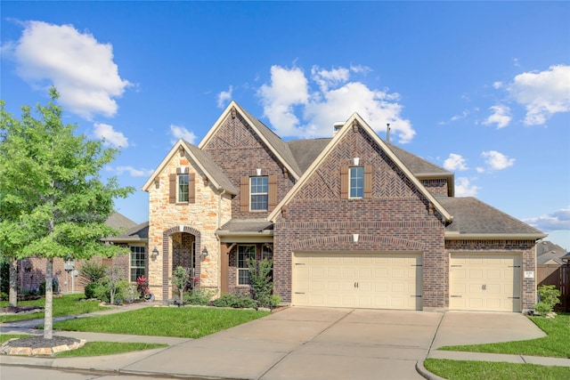 view of front of home featuring a garage and a front lawn