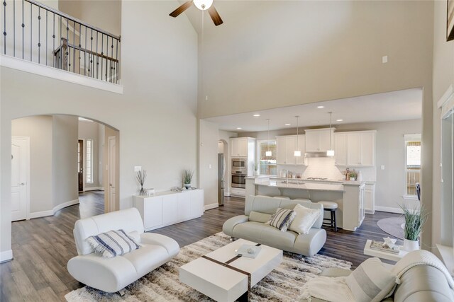 living room with a high ceiling, dark hardwood / wood-style floors, ceiling fan, and sink