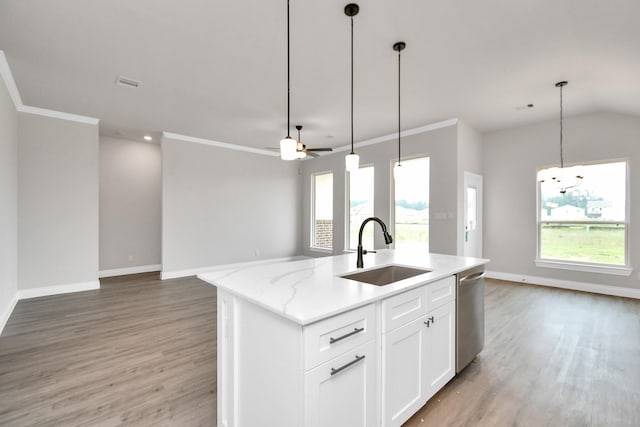 kitchen with white cabinets, sink, a wealth of natural light, and an island with sink