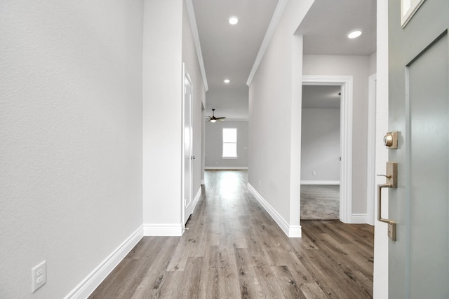 hallway with light hardwood / wood-style flooring and ornamental molding