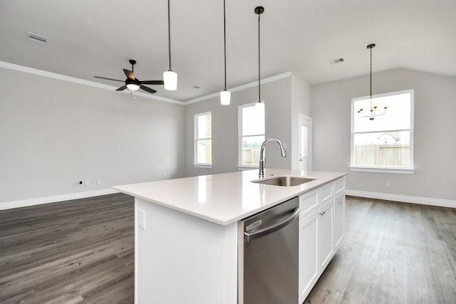 kitchen featuring white cabinets, dark wood-type flooring, sink, a center island with sink, and dishwasher