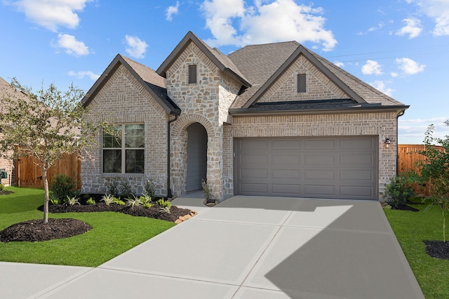 french country home with a front yard and a garage