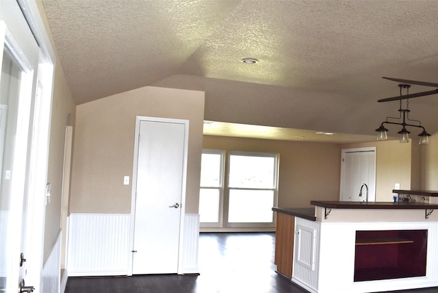 kitchen with hanging light fixtures, lofted ceiling, a healthy amount of sunlight, and a textured ceiling