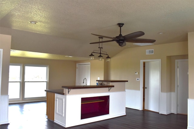 kitchen with lofted ceiling, ceiling fan, dark wood-type flooring, and a textured ceiling