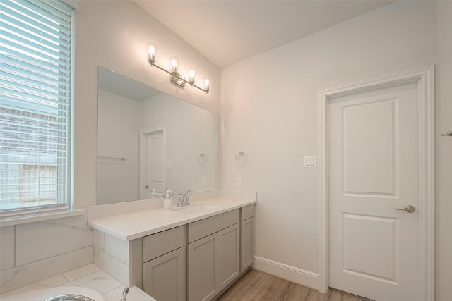 bathroom featuring hardwood / wood-style flooring, plenty of natural light, a bath, and vanity