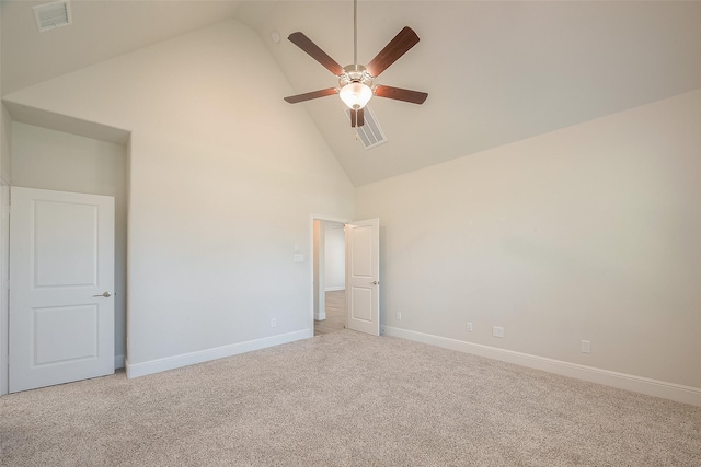 unfurnished bedroom with light carpet, high vaulted ceiling, and ceiling fan