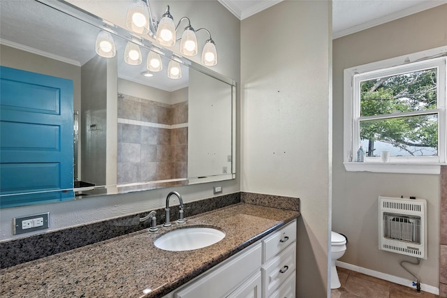 bathroom with tile patterned flooring, heating unit, walk in shower, ornamental molding, and vanity