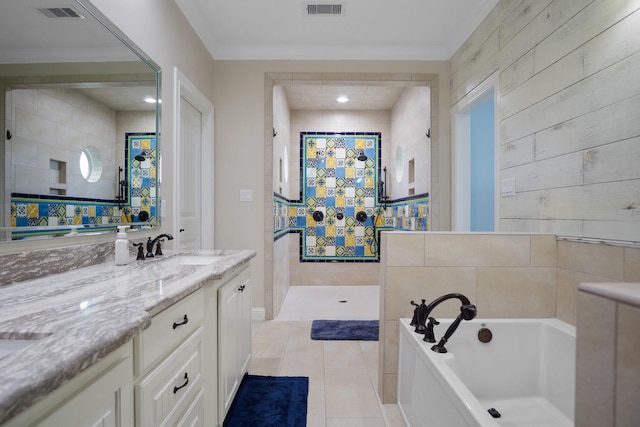 bathroom with tile walls, oversized vanity, tile floors, shower with separate bathtub, and ornamental molding