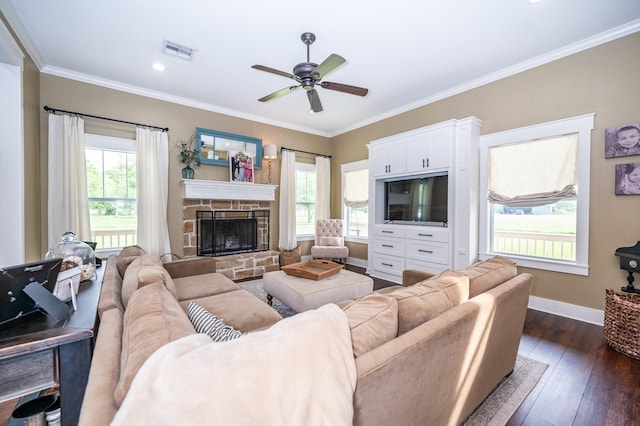 living room featuring ceiling fan, dark wood-type flooring, ornamental molding, and a fireplace