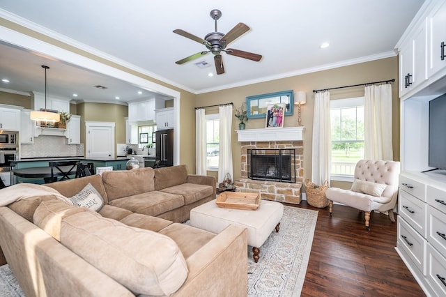 living room featuring sink, ceiling fan, dark hardwood / wood-style floors, crown molding, and a stone fireplace