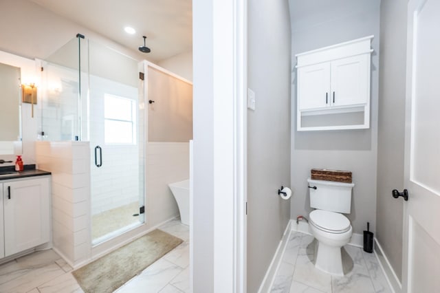 bathroom featuring toilet, walk in shower, and vanity