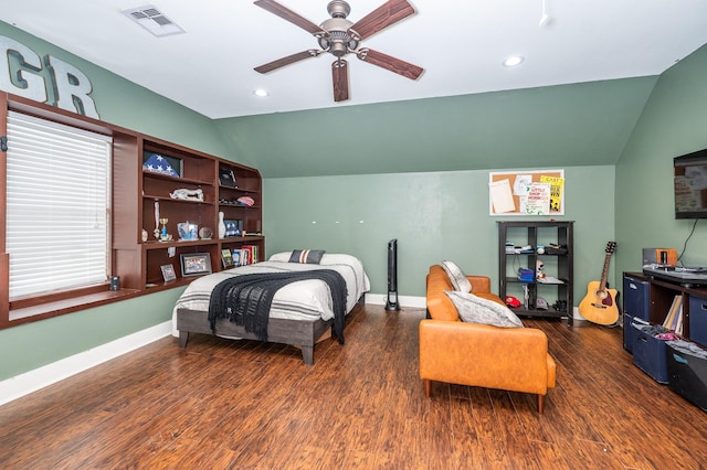 bedroom with lofted ceiling, ceiling fan, and dark hardwood / wood-style floors