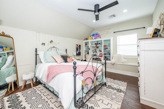 bedroom with lofted ceiling, ceiling fan, and dark hardwood / wood-style flooring