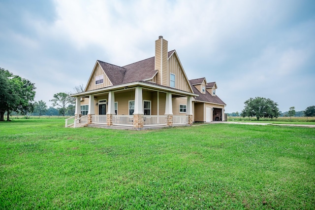 view of home's exterior with a porch and a lawn