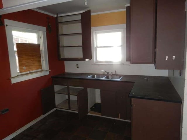 6636 Ave P, Houston, TX 77011 - kitchen featuring a sink, dark countertops, and crown molding