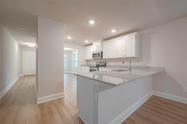 kitchen featuring white cabinets, sink, light hardwood / wood-style flooring, appliances with stainless steel finishes, and kitchen peninsula