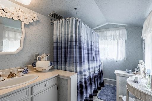 bathroom featuring vaulted ceiling and vanity