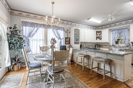 dining area with light hardwood / wood-style floors, a wealth of natural light, and ceiling fan with notable chandelier