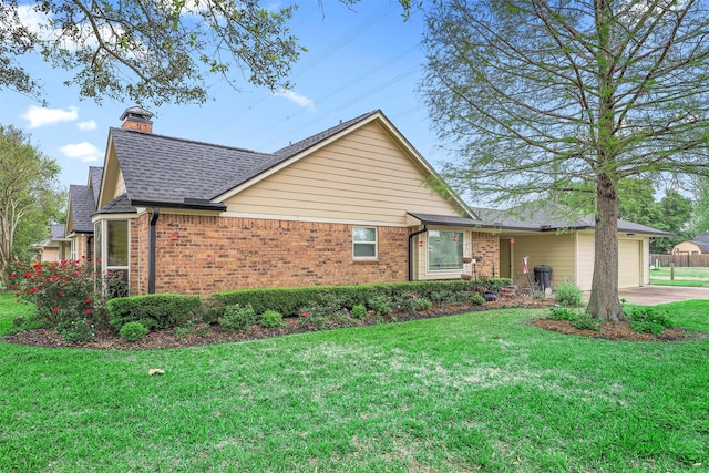 view of property exterior featuring a garage and a lawn