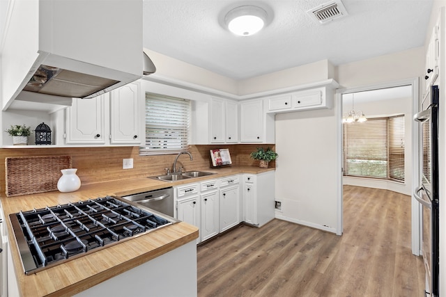 kitchen featuring white cabinets, custom exhaust hood, tasteful backsplash, and sink