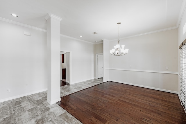 unfurnished living room with crown molding, tile flooring, decorative columns, and an inviting chandelier