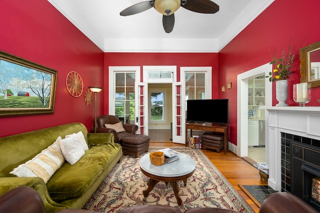 living room featuring ceiling fan, a fireplace, and hardwood / wood-style floors